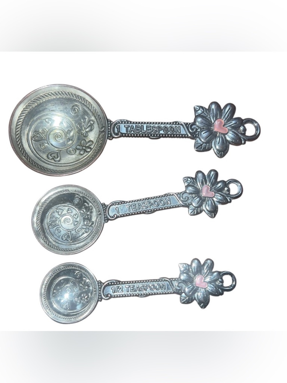 Ganz Zinc Alloy Measuring Spoons Set 4pc Silver Flower Pink Heart Embossed